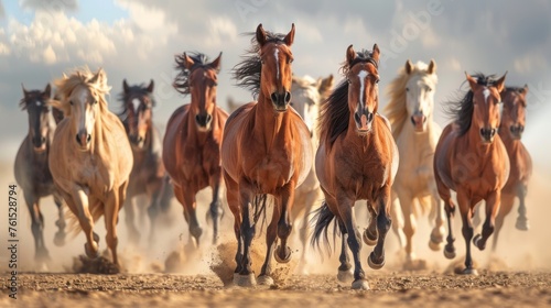 A group of large  beautiful and powerful horses running or galloping towards the camera in the desert