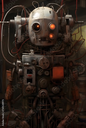 Old Soviet Dieselpunk Robot: Intricate Mechanisms and Glowing Eyes