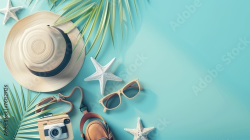 Travel equipment on a light blue background , ready to travel