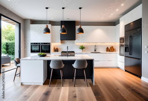 Beautiful new luxury home kitchen interior with kitchen island and wooden floor. Bright  modern  minimalist style. A chic color based on white. Counter seats with chairs.