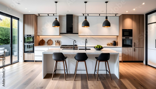 Beautiful new luxury home kitchen interior with kitchen island and wooden floor. Bright, modern, minimalist style. A chic color based on white. Counter seats with chairs. photo