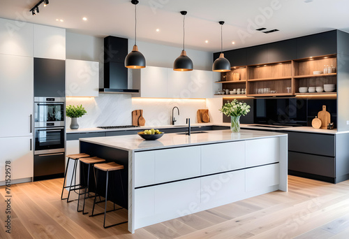Beautiful new luxury home kitchen interior with kitchen island and wooden floor. Bright  modern  minimalist style. A chic color based on white. Counter seats with chairs.