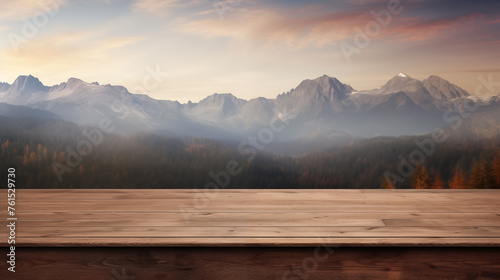 Wooden surface near picturesque mountain nature. Landscape behind table. Space to showcase your product. Beautiful landscape