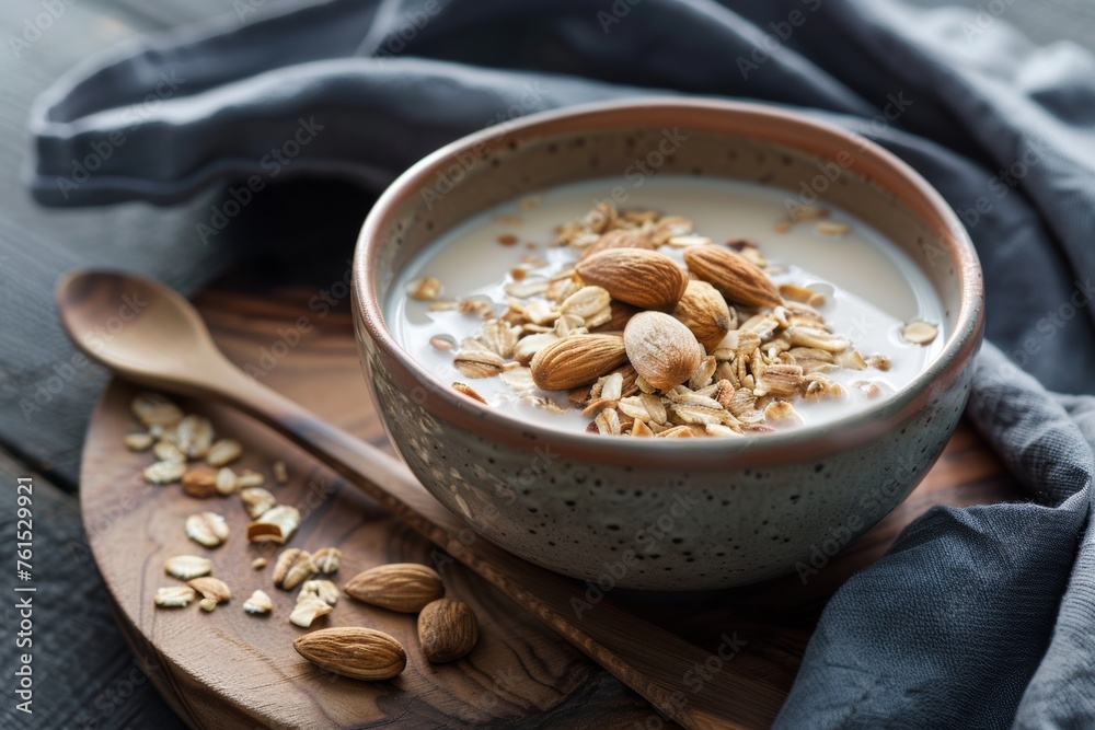 Almond milk, crafted from finely ground almonds and filtered water Almond milk, crafted from finely ground almonds and filtered water