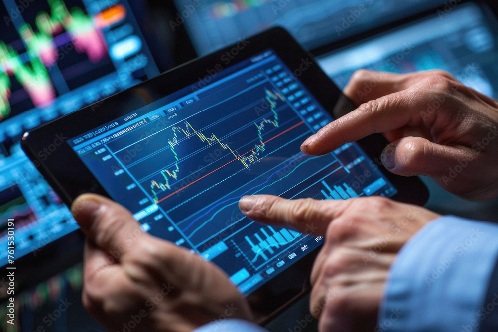 Stock trading investor, trader or broker using crypto exchange platform on digital tablet analysing exchange market chart investing money in financial market on tab screen with pad computer in hands. Stock trading investor, trader or broker using crypto exchange platform on digital tablet analysing exchange market chart investing money in financial market on tab screen with pad computer in hands.