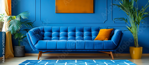 modern living room with blu sofa and blu wall