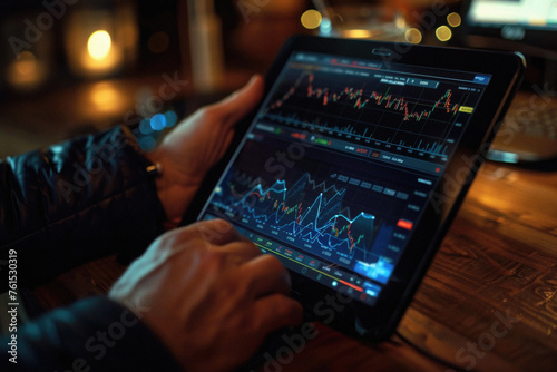 Stock trading investor, trader or broker using crypto exchange platform on digital tablet analysing exchange market chart investing money in financial market on tab screen with pad computer in hands.