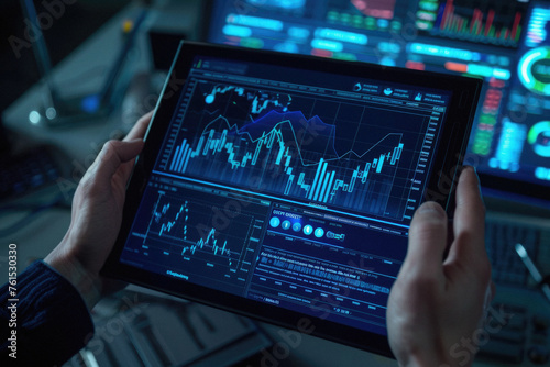 Stock trading investor, trader or broker using crypto exchange platform on digital tablet analysing exchange market chart investing money in financial market on tab screen with pad computer in hands. photo