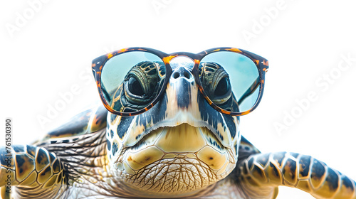 Portrait of a sea turtle wearing sunglasses isolated on a white background