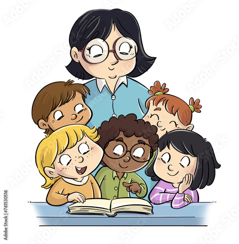 Illustration of a teacher and students reading a book together