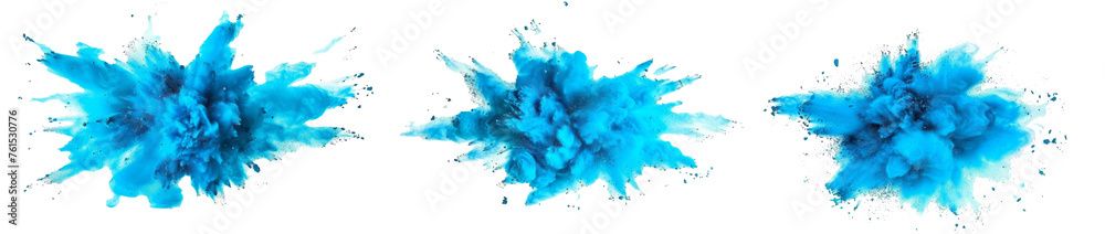 right cyan blue holi color powder burst. industrial print concept Vibrant festival explosion isolated on white - obrazy, fototapety, plakaty 