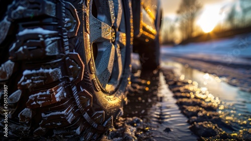 Image of car tires and wet road conditions