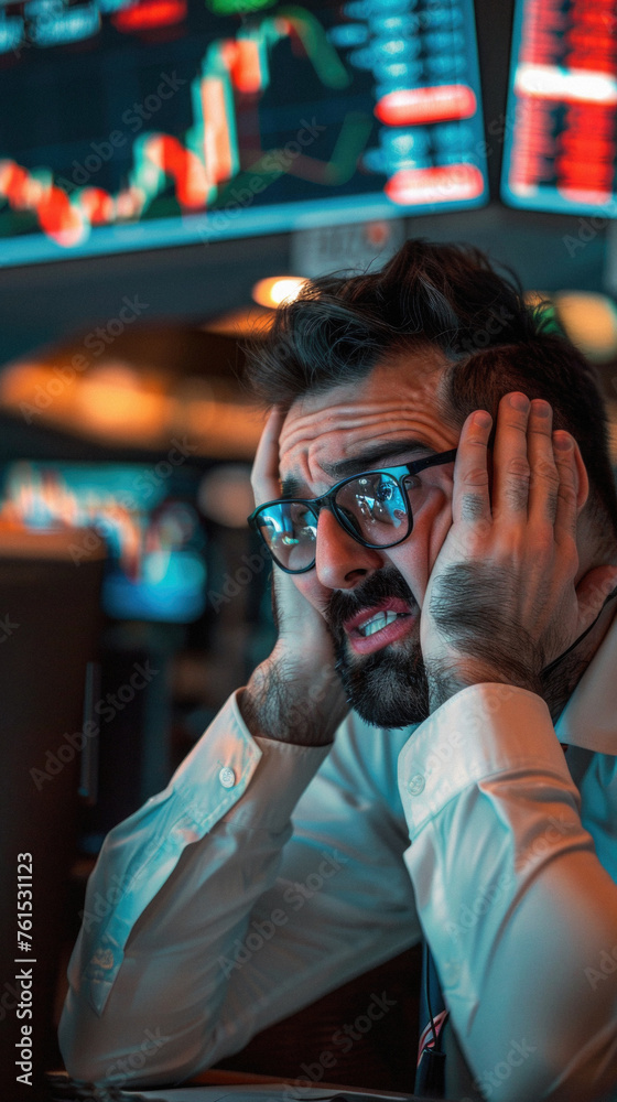 Desperate shocked stressed business man stock trading market investor or financial broker, businessman trader feeling panic about money loss, stock market fall, economic recession or bankruptcy.