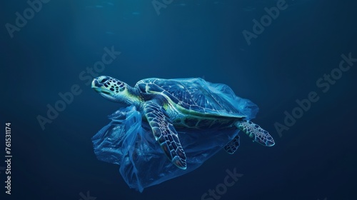 Sea turtles in clear plastic bags are caused by trash and pollution from a damaged environment.
