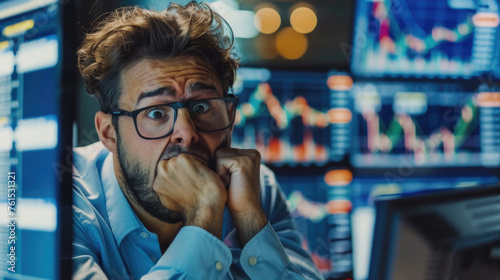 Desperate shocked stressed business man stock trading market investor or financial broker, businessman trader feeling panic about money loss, stock market fall, economic recession or bankruptcy.