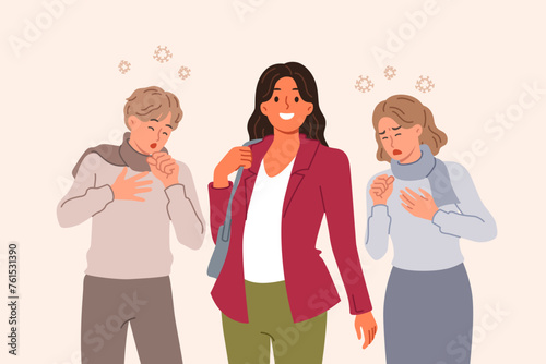 Asymptomatic woman carrying dangerous viral disease spreads flu among friends and colleagues. Asymptomatic infection has caused outbreak of dangerous pandemic that causes coughing and fever