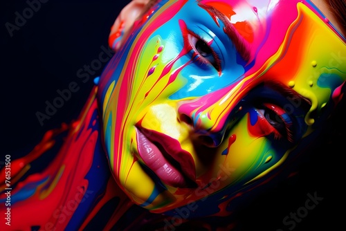 Vibrant Futuristic Oil Paint Design Adorning Woman's Face in Portrait