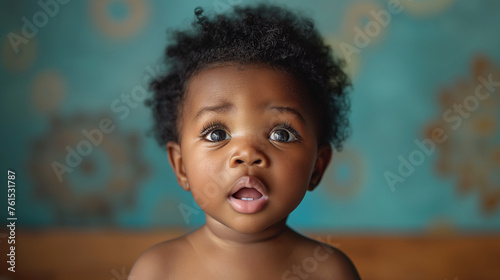 Cute surprised black baby in the room. Selective focus. Copy space.