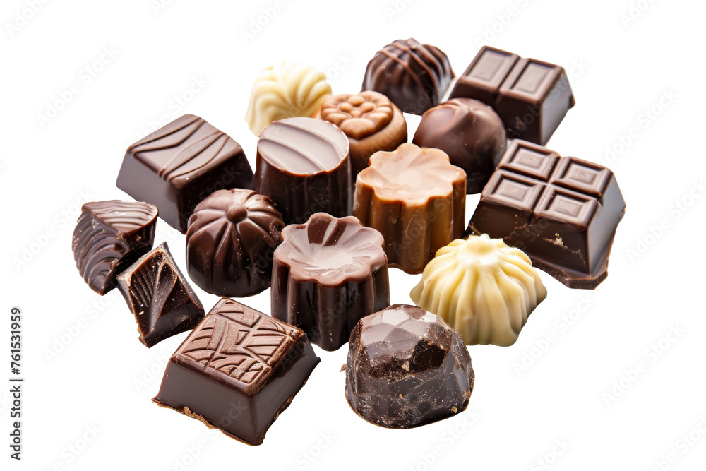 Various of chocolate pralines from top view isolated on background, collection tasty sweet dessert chocolate, piece of dark chocolate. Various of chocolate pralines from top view isolated on background, collection tasty sweet dessert chocolate, piece of dark chocolate.