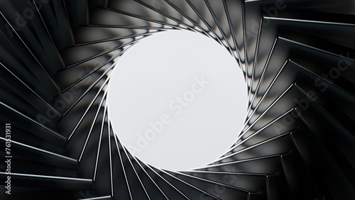 3d abstract background, spiral intro, black and white, metalic spiral lens, metal, infinity concept, depth of field camera, 