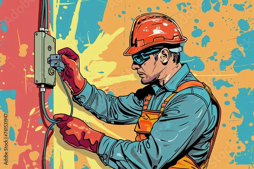A man in a hard hat is busy working on a wall, possibly installing safety switches in a residential building. He is focused and attentive to his task, ensuring a safe and functional environment