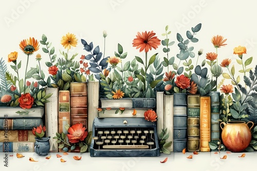 Typewriter, books and flowers, watercolor sketch for day of poetry or prose. Generative AI
