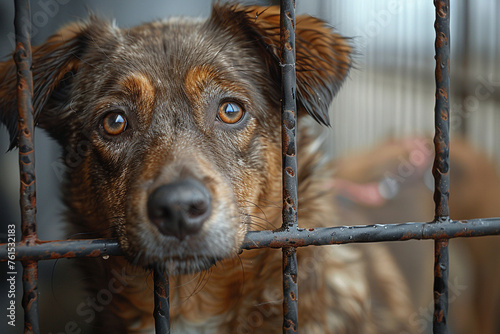 A touching image of a shelter dog receiving love and care from a volunteer at an animal shelter, shedding light on the importance of adopting homeless animals and providing them wi