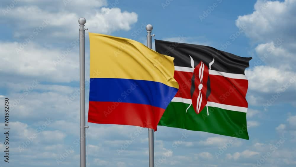 Kenya and Colombia two flags waving together, looped video, two country relations concept Kenya and Colombia two flags waving together, looped video, two country relations concept