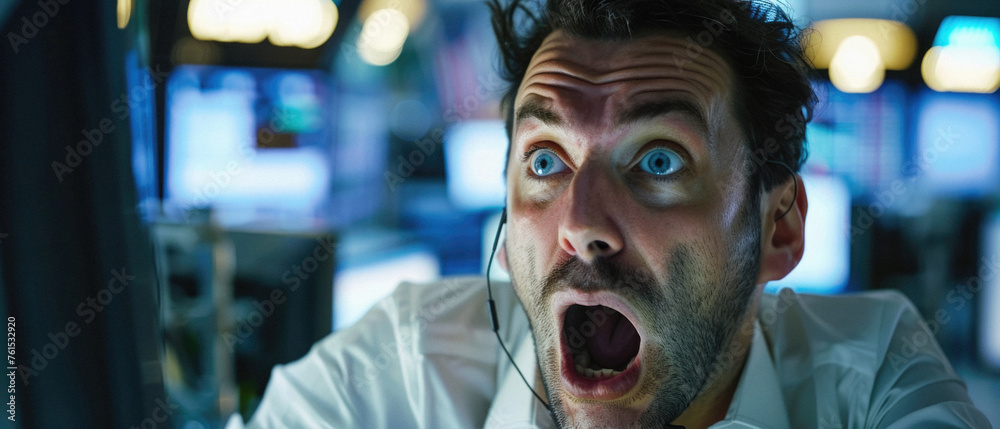 Shocked business man stock trading market investor broker, businessman trader feeling terrified looking at unbelievable financial charts. Money loss, stock market fall, economic recession bankruptcy. - obrazy, fototapety, plakaty 