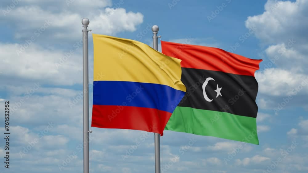Libya and Colombia two flags waving together, looped video, two country cooperation concept Libya and Colombia two flags waving together, looped video, two country cooperation concept