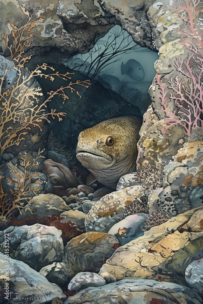 A painting depicting an elusive moray eel peeking out from its rocky hiding place within a dark cave, showcasing the underwater habitat of this marine creature