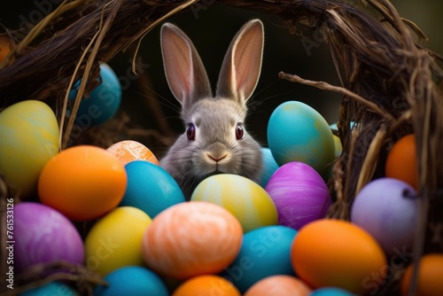 Cute creative photo with easter eggs, some eggs as the Easter Bunny - generative ai © Nia™