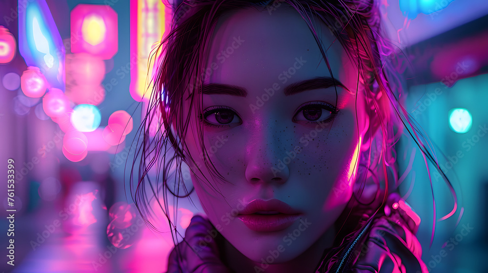 Captivating digital portrait of a woman amidst neon signs and rain, exuding a cyberpunk vibe