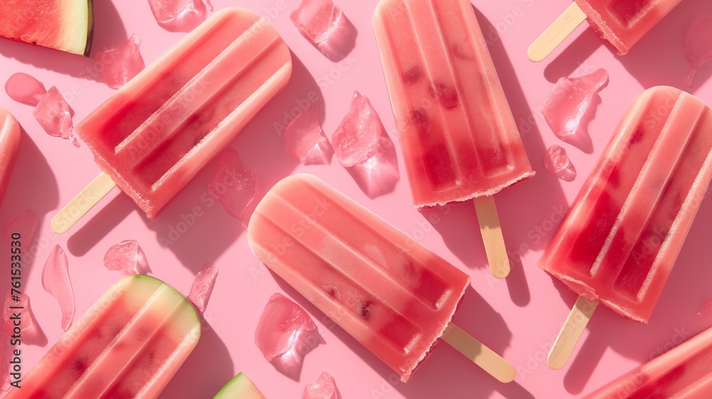 Naklejka premium Watermelon Popsicles on a colorful background. Refreshing summer fruit concept.
