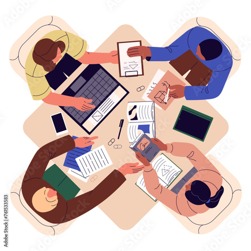 People sitting around square table top view. Student team study together. Characters learning books, prepare to exams on the desk. Workers meeting, teamwork. Flat isolated vector illustration on white