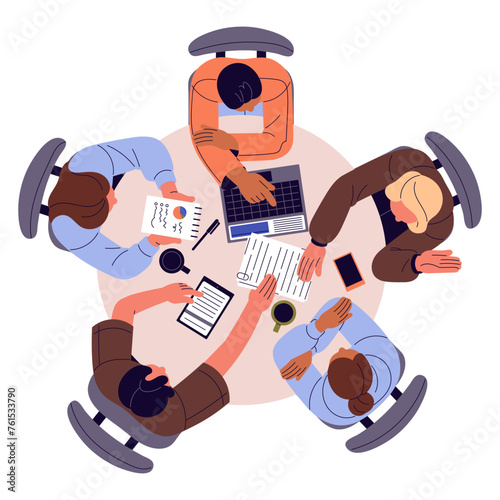 Team sitting around round table top view. Employees work at laptop, discuss documents. Students meeting, study together. People teamwork on office desk. Flat isolated vector illustration on white