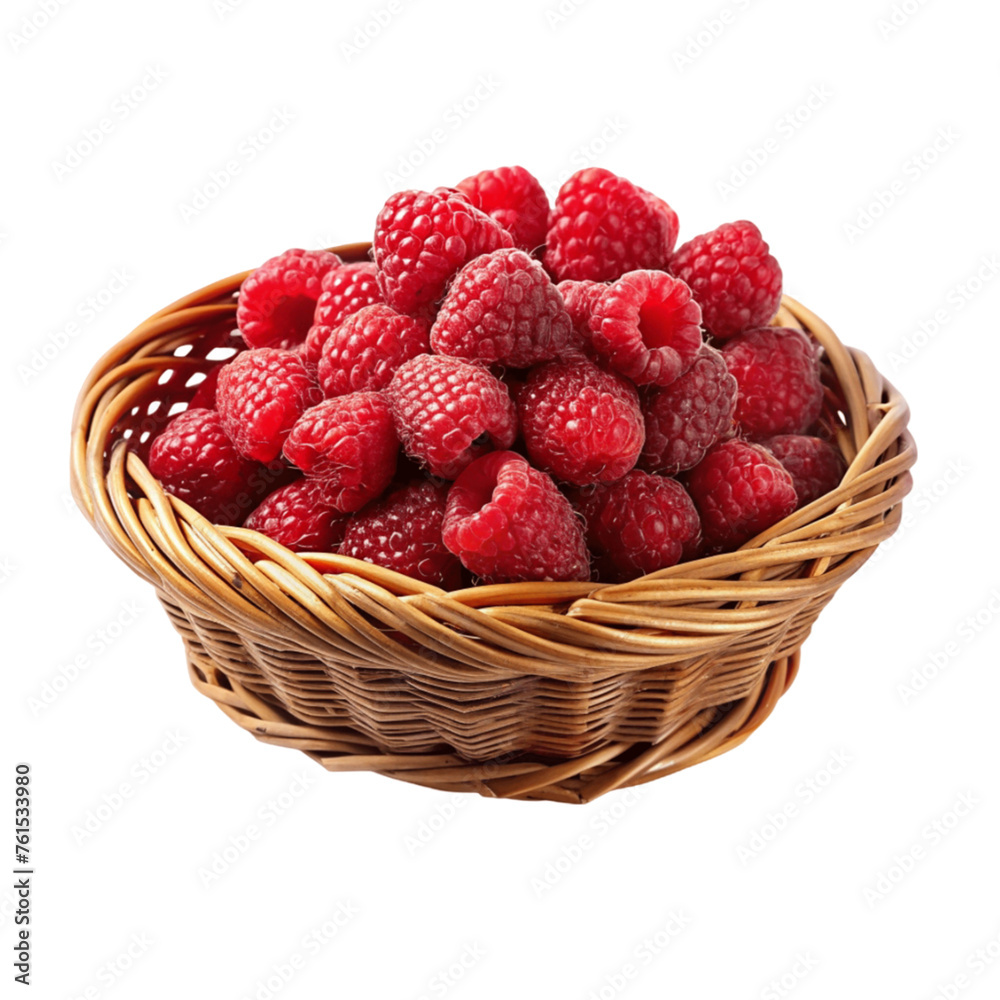 Raspberries in basket isolated on Transparent background.