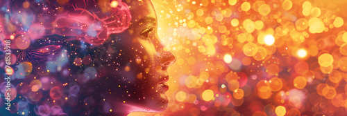 A surreal abstract image of a glowing human brain. National Mental Health Awareness. horizontal conceptual banner with space for text