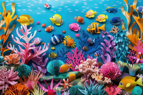 Papercraft art stock image of a vibrant paper coral reef with a diversity of marine life © Nisit