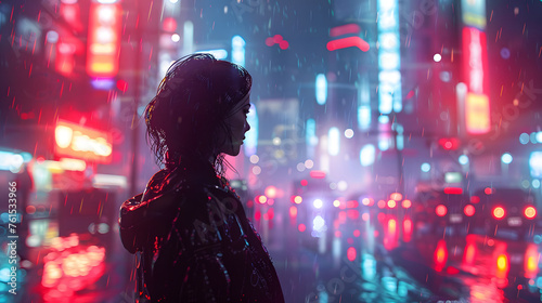 An evocative image of a woman standing in the rain, surrounded by the glow of neon signs and city lights at night