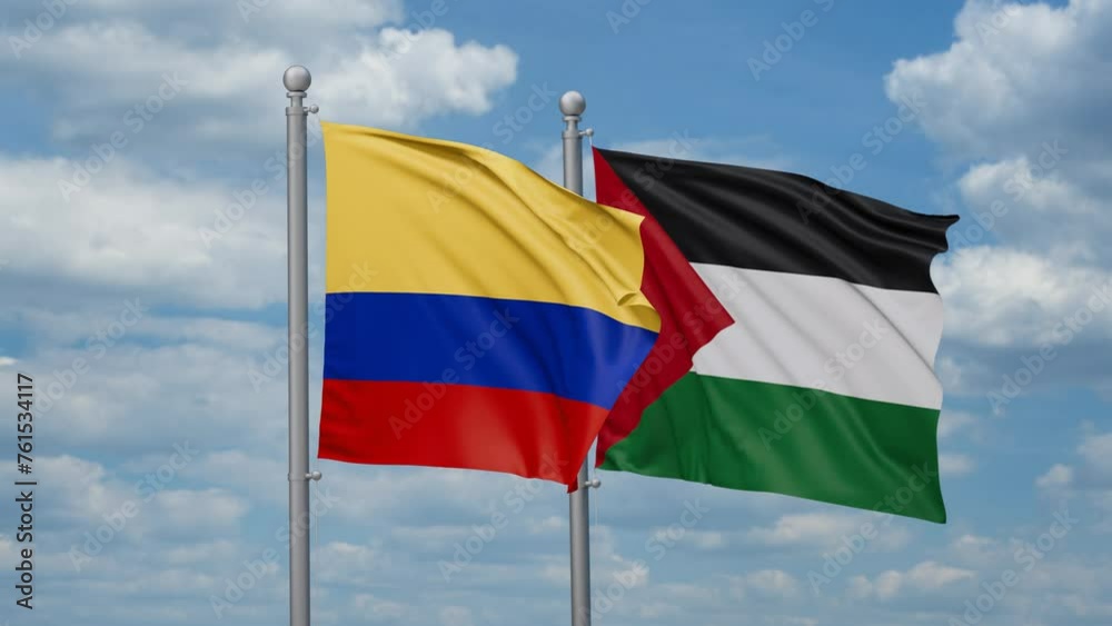 Palestine and Gaza Strip and Colombia two flags waving together on blue sky, looped video Palestine and Gaza Strip and Colombia two flags waving together on blue sky, looped video