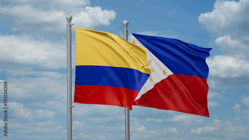 Philippines and Colombia two flags waving together, looped video, two country cooperation concept Philippines and Colombia two flags waving together, looped video, two country cooperation concept