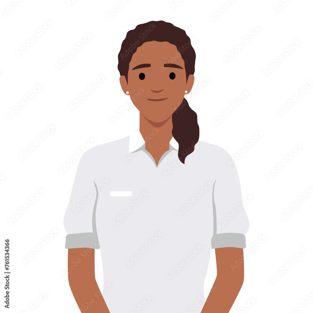 Woman cashier smiles. Retail worker with uniform standing and smiling with glasses. Flat vector illustration isolated on white background Woman cashier smiles. Retail worker with uniform standing and smiling with glasses. Flat vector illustration isolated on white background