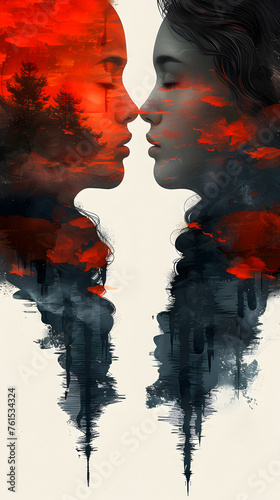 Double exposure art two kissing  trees in jawdropping background