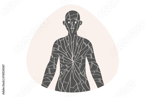 Broken glass man suffers from depressive disorder and psychological trauma caused by oppression. Guy with cracks in body is experiencing depression and needs therapeutic psychological session