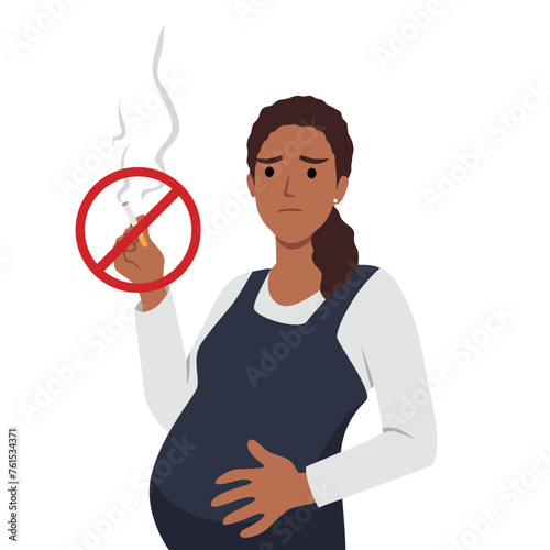 No smoking while pregnant concept. Pregnant woman inside no smoking sign in flat design. Flat vector illustration isolated on white background