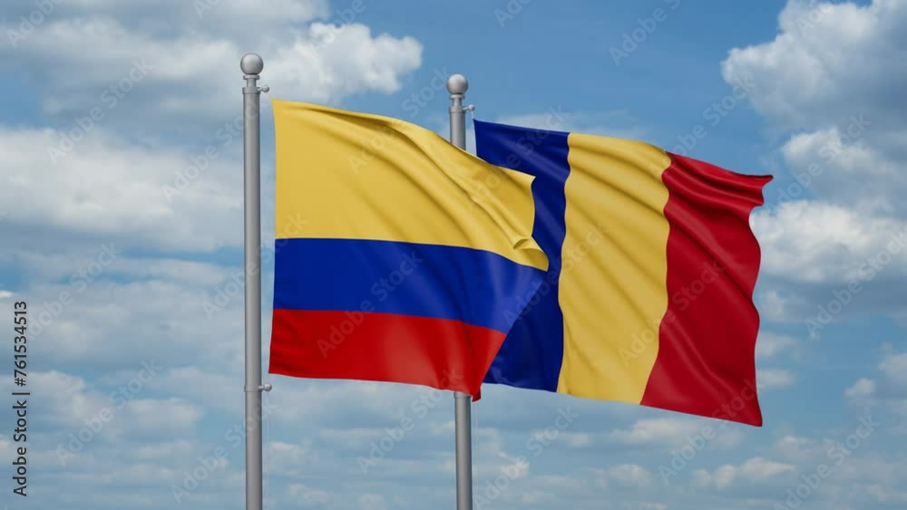 Romania and Colombia two flags waving together, looped video, two country cooperation concept Romania and Colombia two flags waving together, looped video, two country cooperation concept