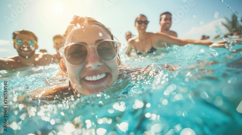 photograph of Young trendy people having fun swimming in summer vacation wide angle lens realistic lighting --ar 16:9 Job ID: a2e74cec-8fde-450c-987b-a646d0181bb0