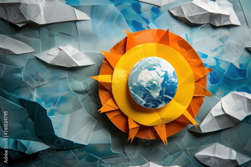 Papercraft art stock image of a paper model of the solar eclipse sun
