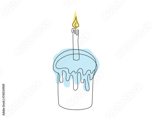 Continuous one line drawing of Easter Kulich cake with a lit candle. Colored Easter cupcake. Birthday cake. Vector isolated on white background. Design element for greeting, invitation, print